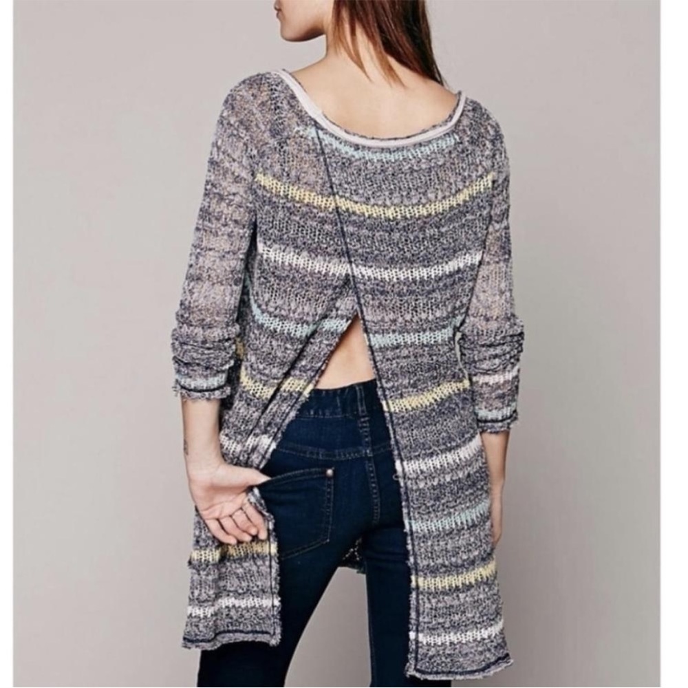 Free People Life Is A Beach‎ Knit Crochet Sweater Open Back Multi Stripe